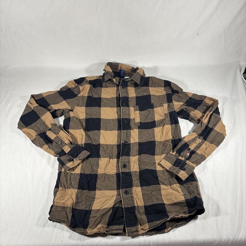 H&M Mens Tan Black Buffalo Plaid Flannel Shirt XS